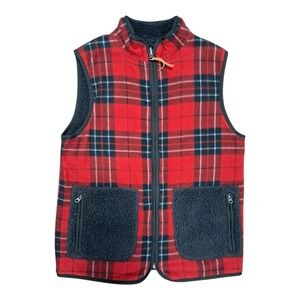Eddie Bauer Plaid Fleece Vest Sherpa Lined Pockets Front‎ Red Black XS Petite